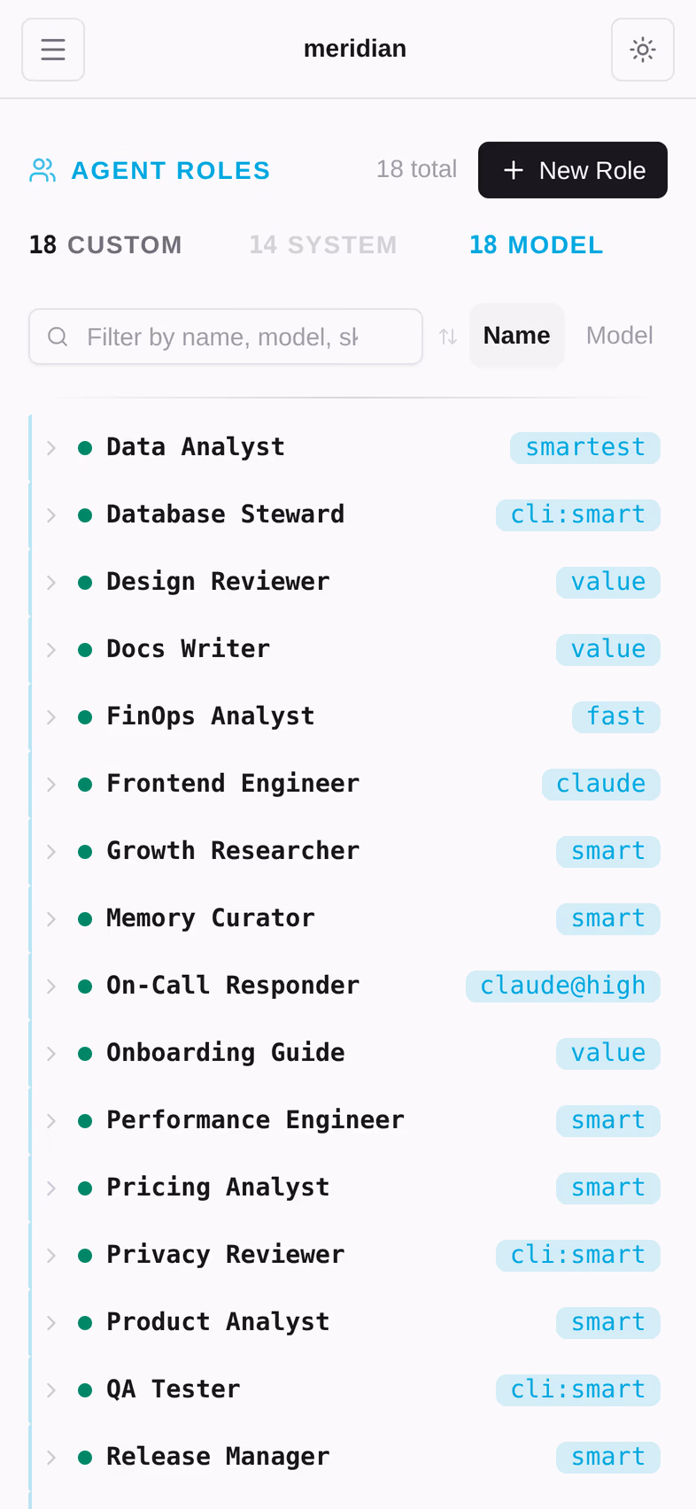 Custom agent roles — the personas a brain author defines and their capabilities.