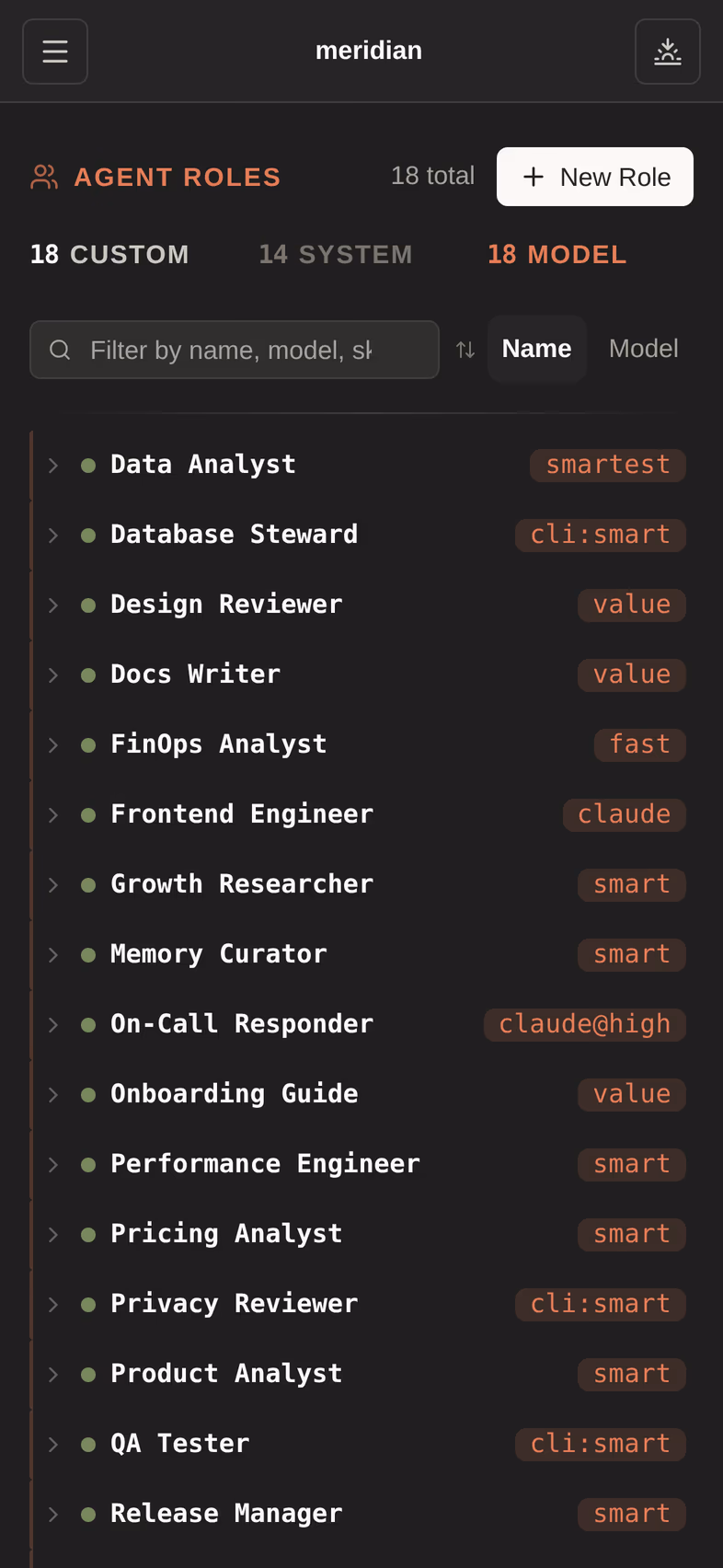 Custom agent roles — the personas a brain author defines and their capabilities.