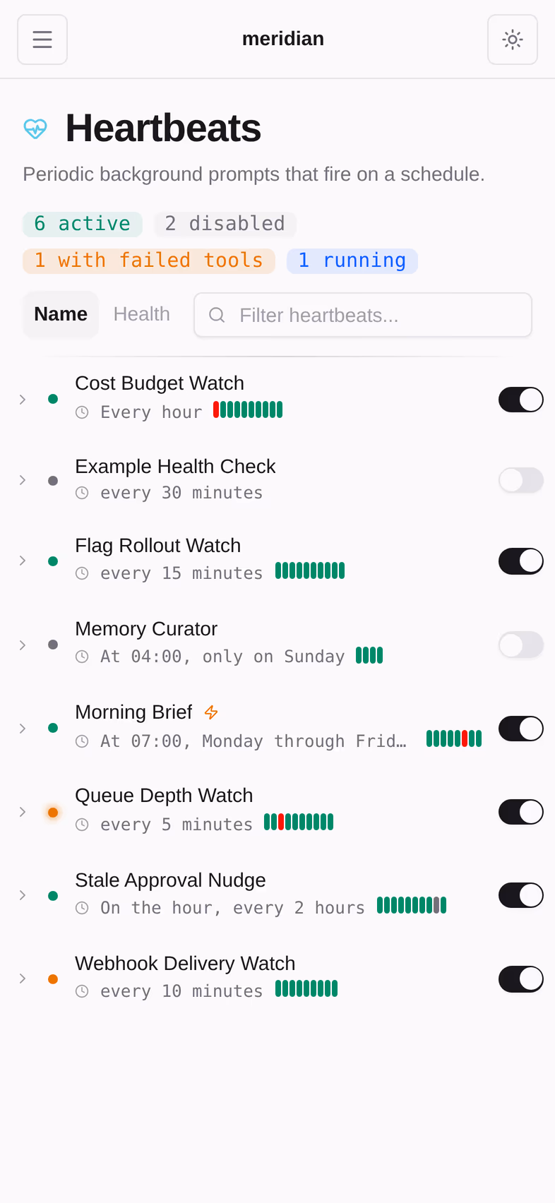 Heartbeats — recurring self-checks on a schedule, with their last outcome.