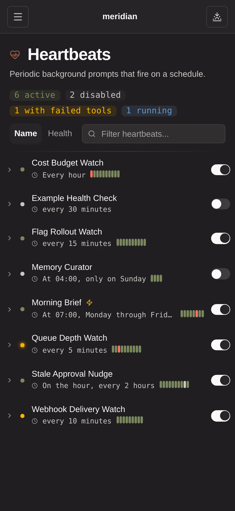 Heartbeats — recurring self-checks on a schedule, with their last outcome.