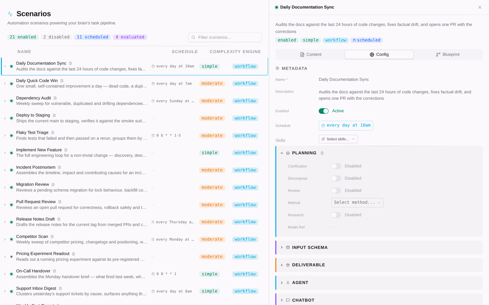 A scenario open in its editor — prompt, model, skills, schema, all editable in place.
