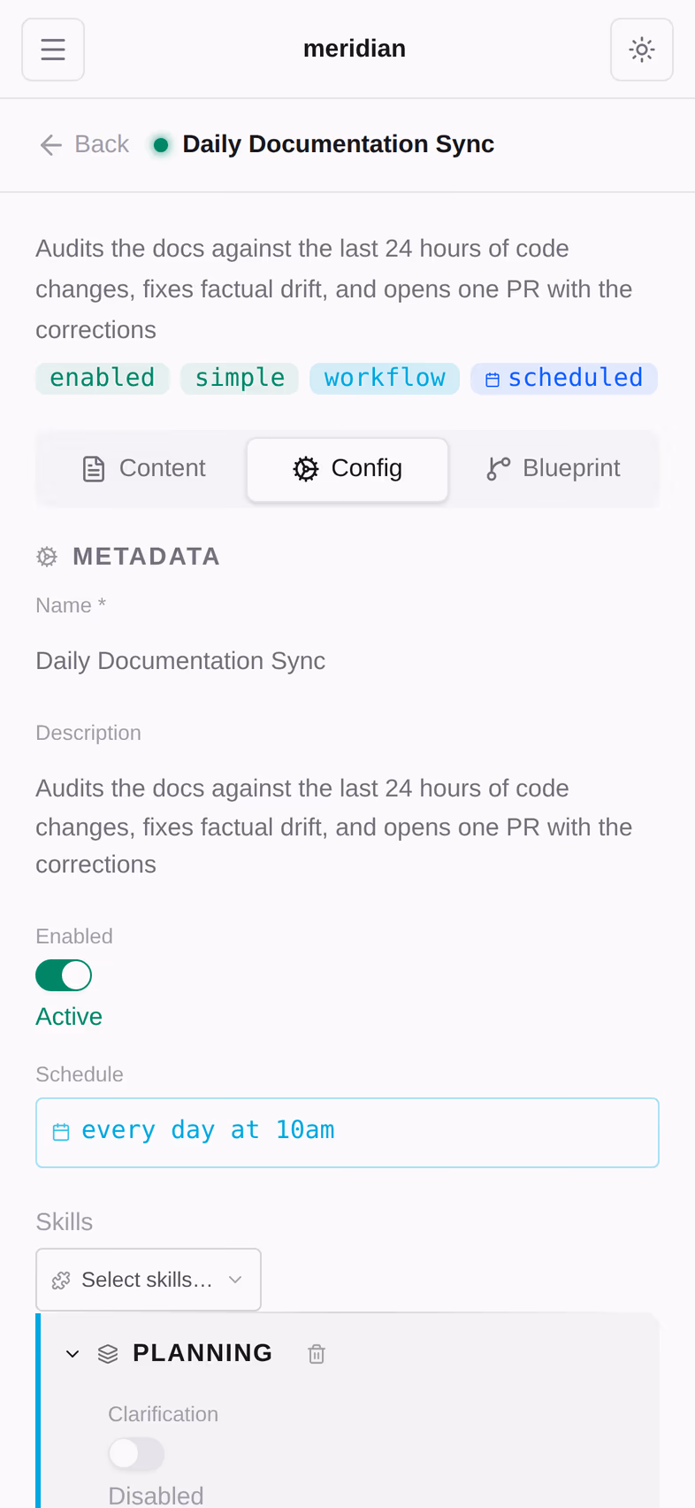 A scenario open in its editor — prompt, model, skills, schema, all editable in place.