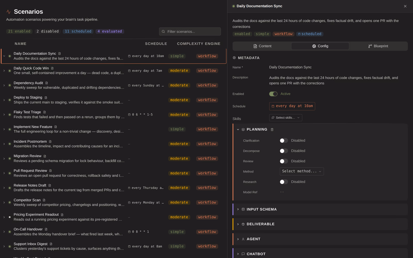 A scenario open in its editor — prompt, model, skills, schema, all editable in place.