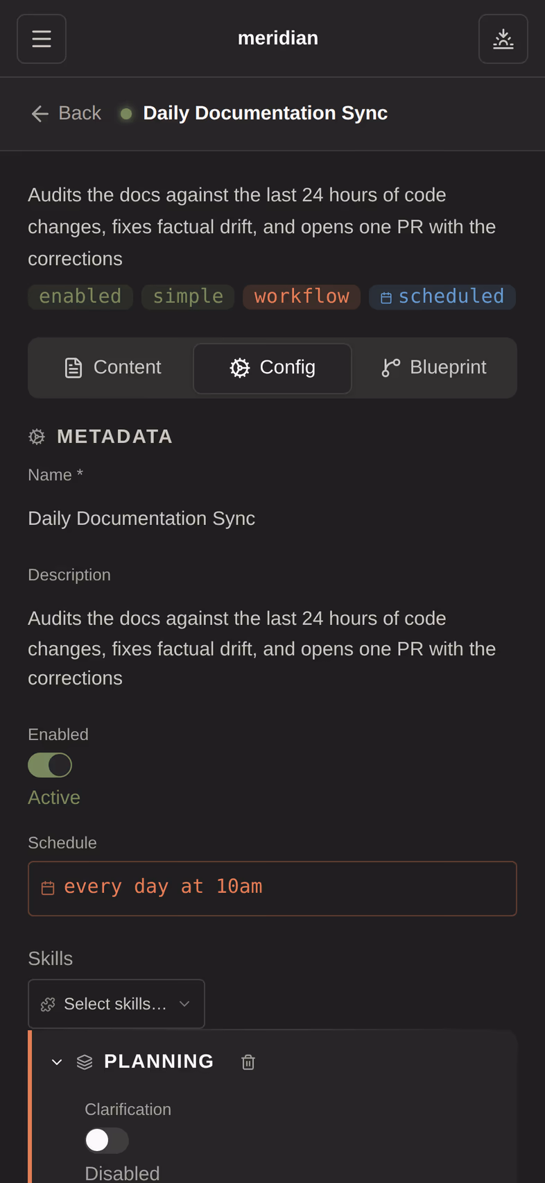 A scenario open in its editor — prompt, model, skills, schema, all editable in place.