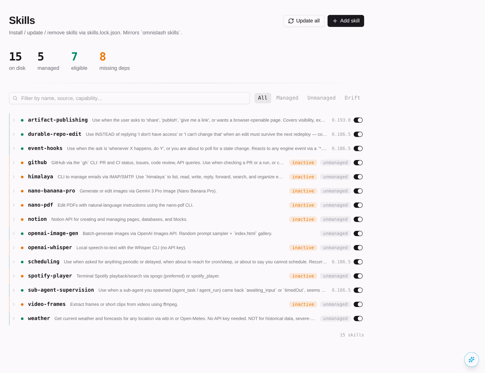 Skills discovered from the brain repo and offered to agents.