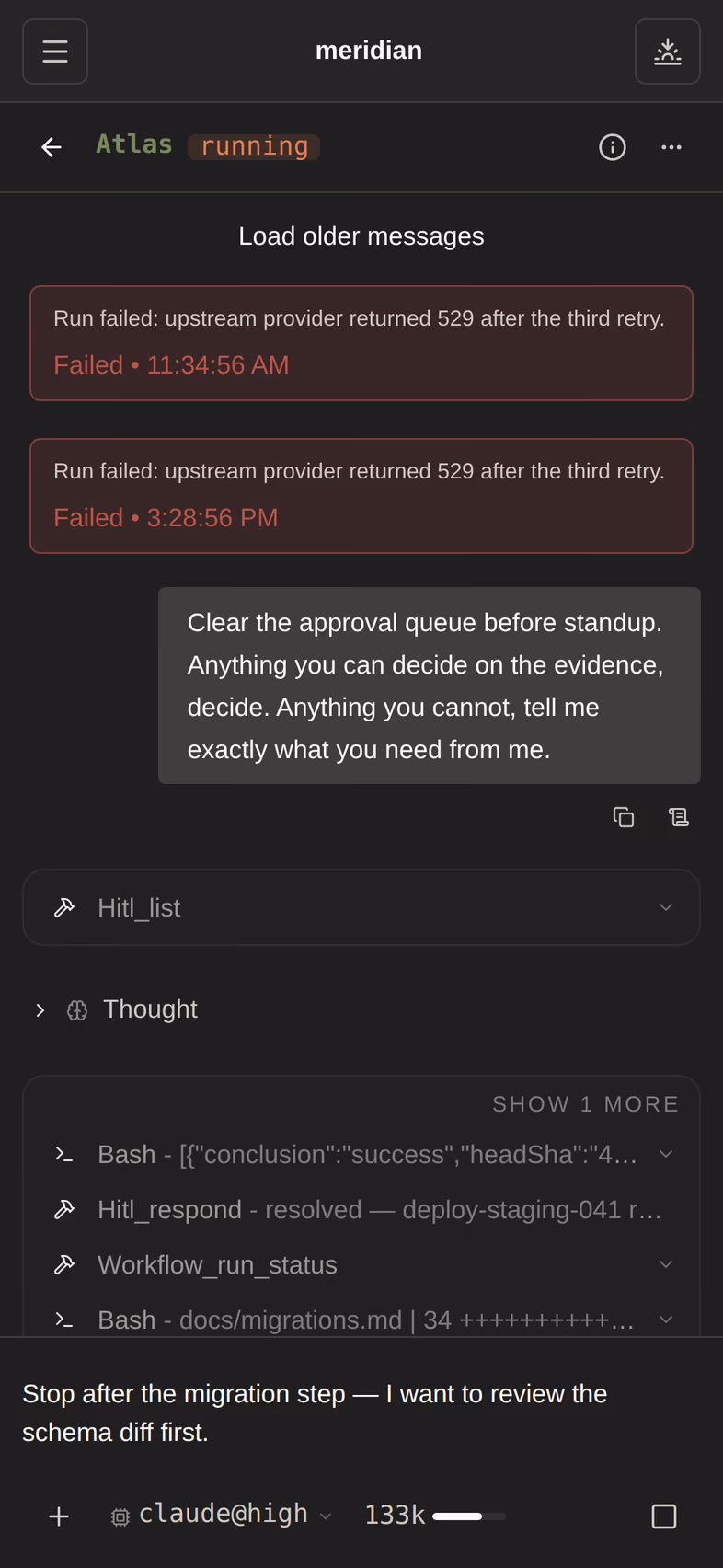 Steering an agent mid-run: a correction typed into a turn already in flight.
