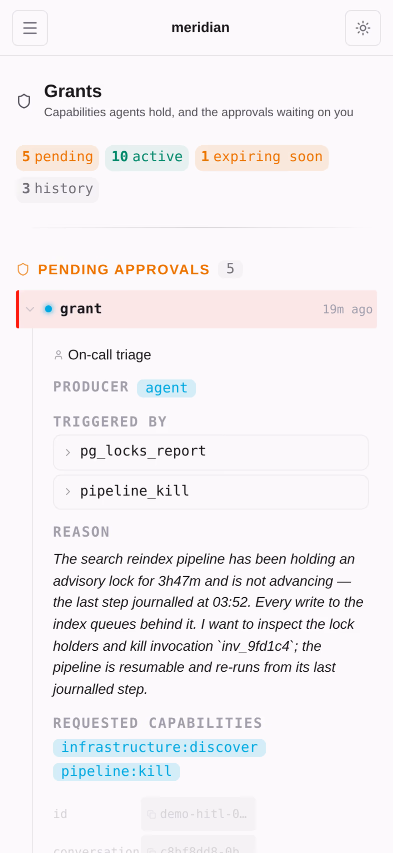 Live grants — what each agent may currently do, until when, and how often.