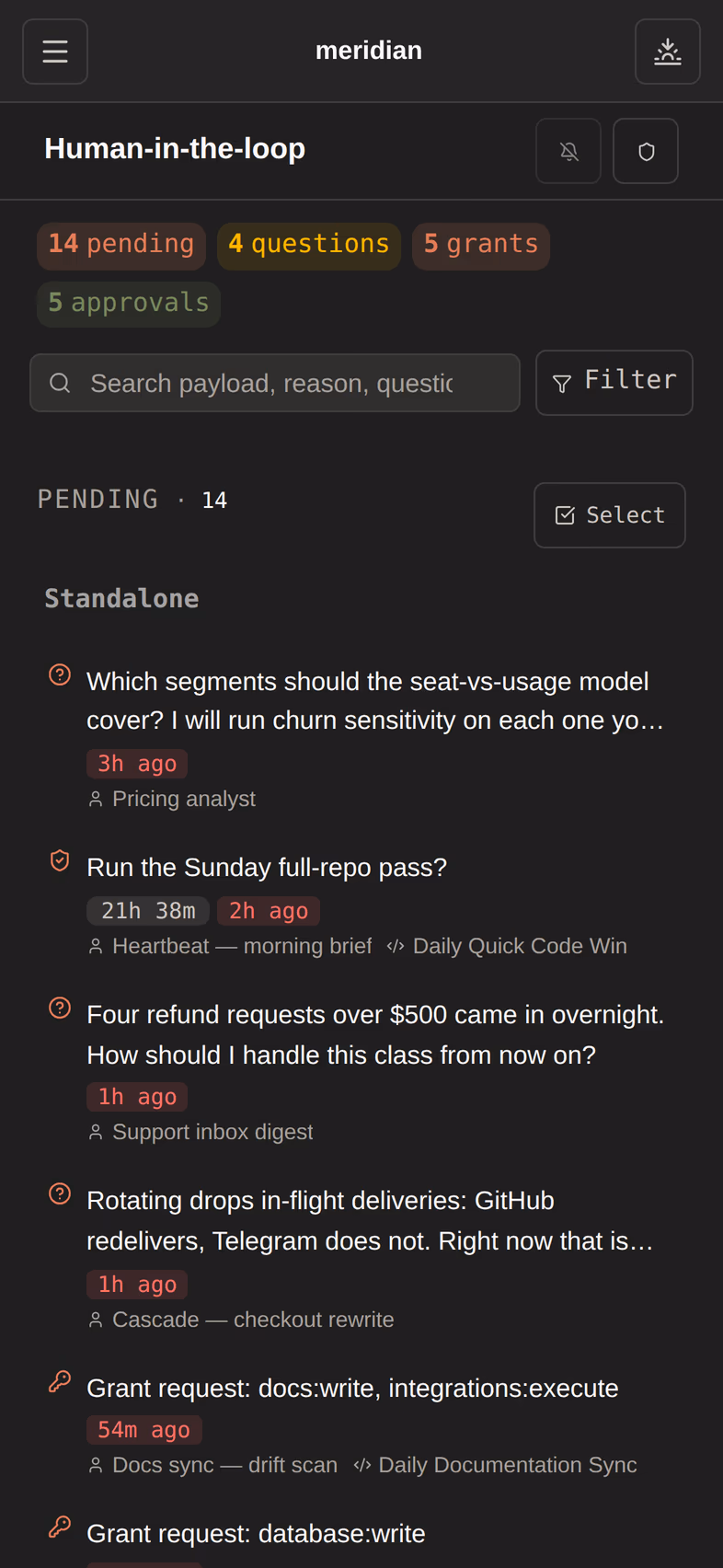 The human-in-the-loop queue: questions, approvals and grant requests in one inbox.