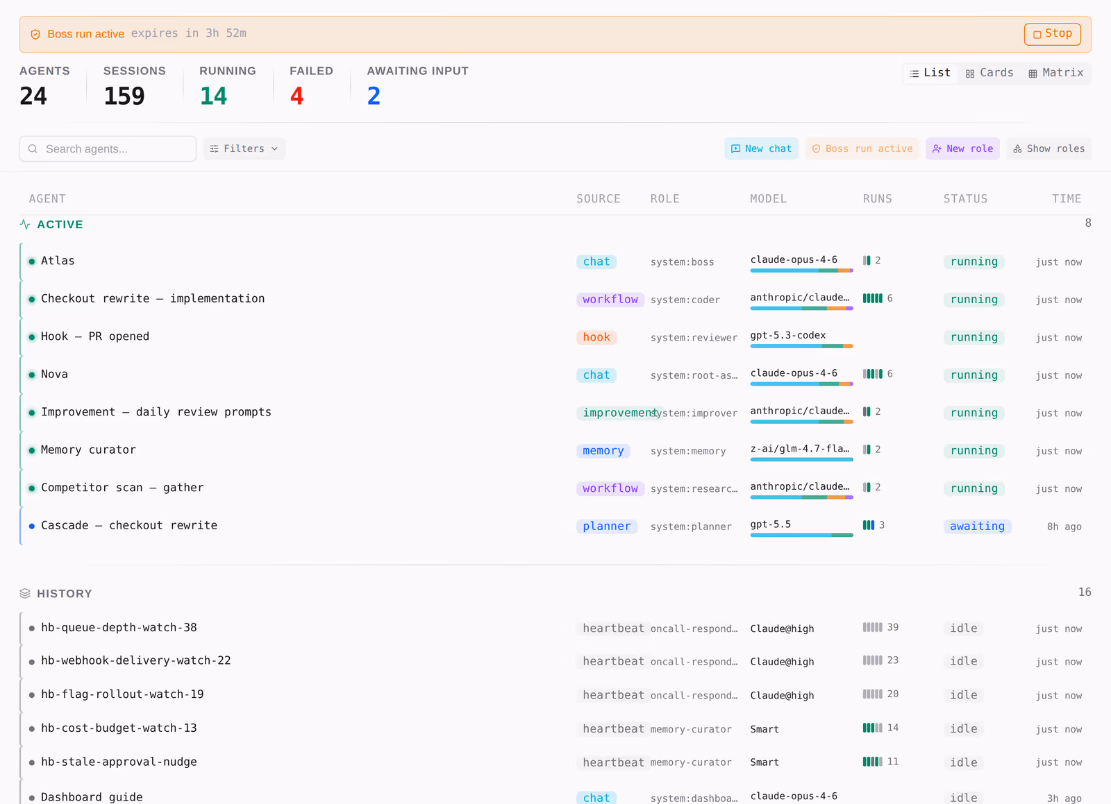 The agent roster as a dense list — status, model, source, cost per agent.
