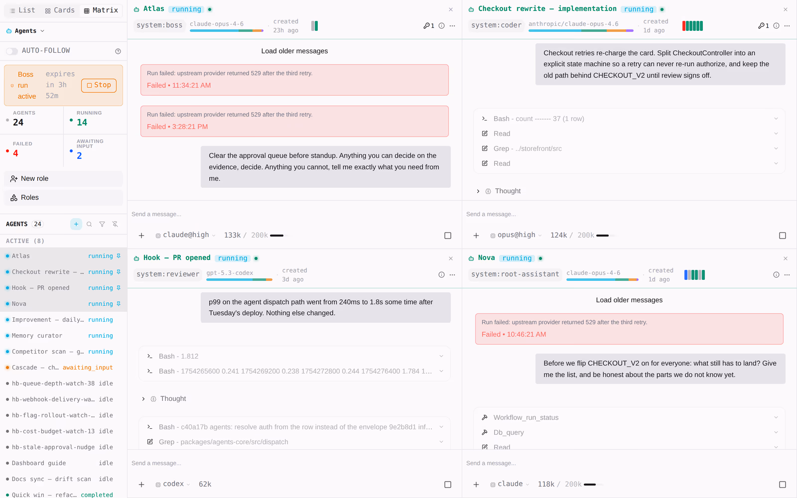Pinning agents derives the war-room grid: several live transcripts side by side.