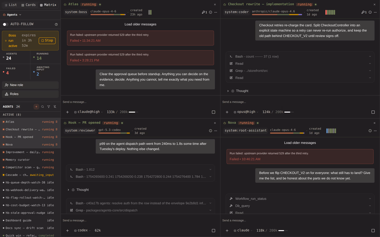 Pinning agents derives the war-room grid: several live transcripts side by side.
