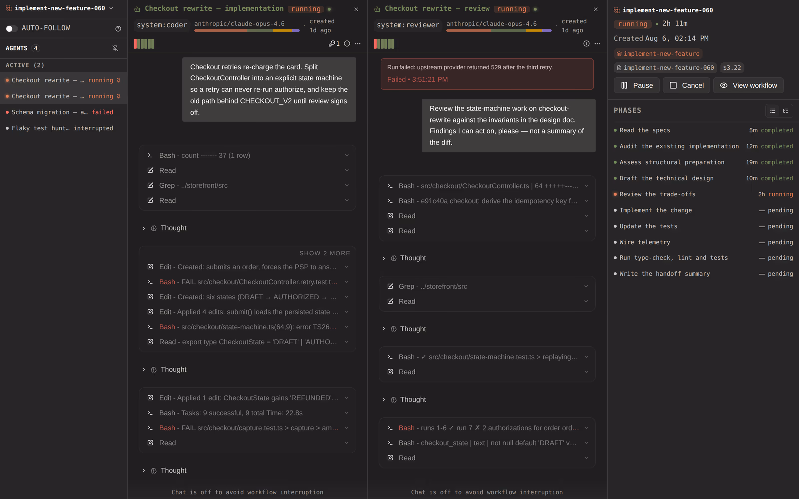 The Agents Matrix — every live agent in one split-grid war room, each tile a running session you can open and steer.