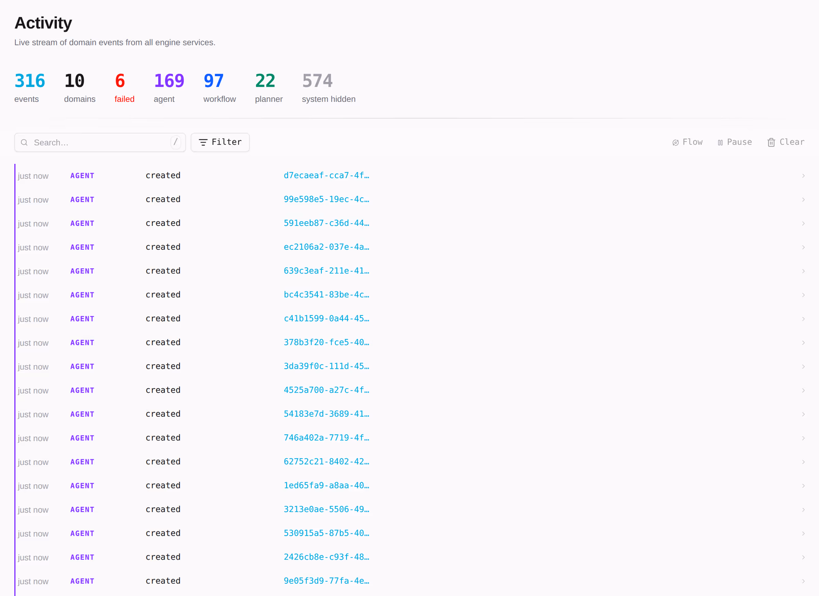The live event stream — every domain event the engine emits, as it happens.