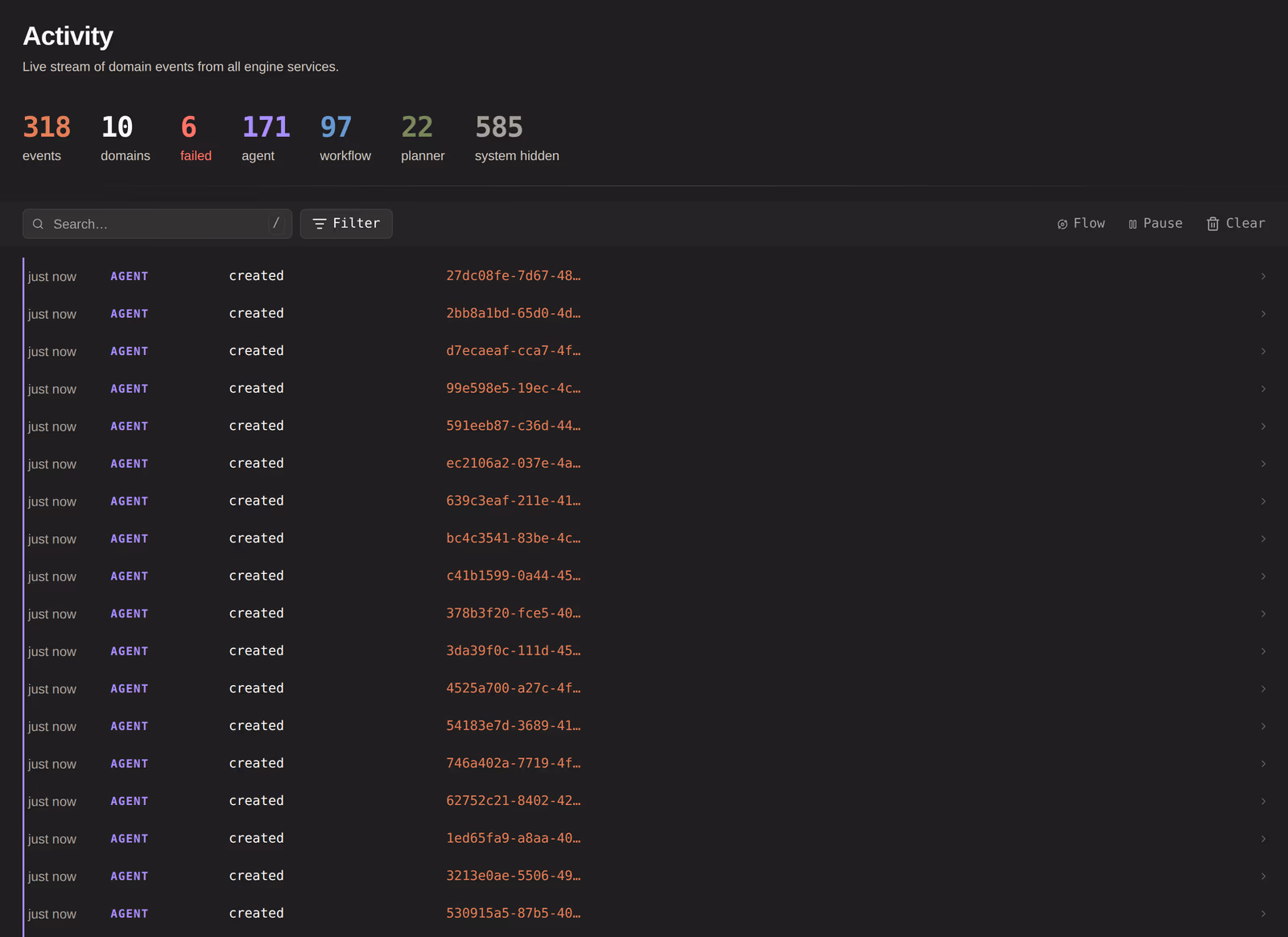 The live event stream — every domain event the engine emits, as it happens.