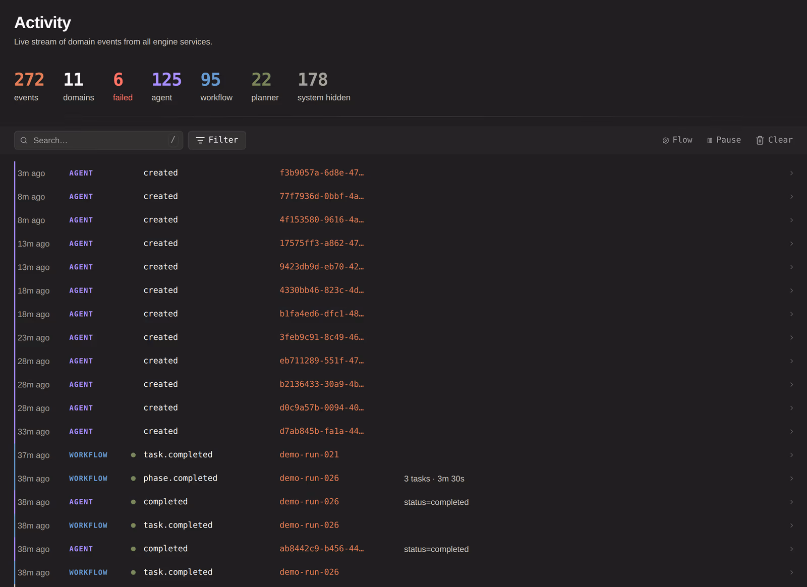 The live event stream — every domain event the engine emits, as it happens.
