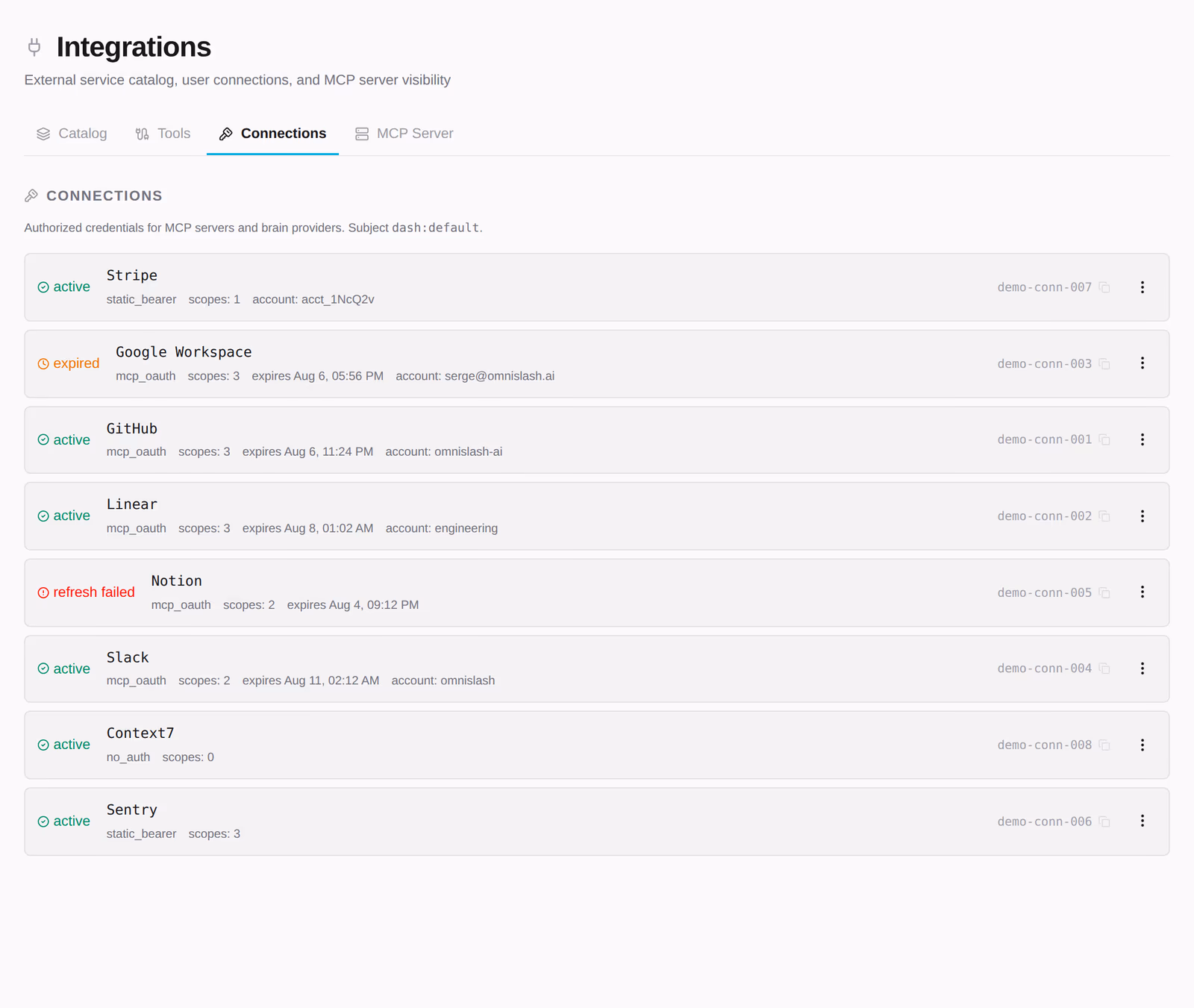 Connected third-party accounts and MCP servers.