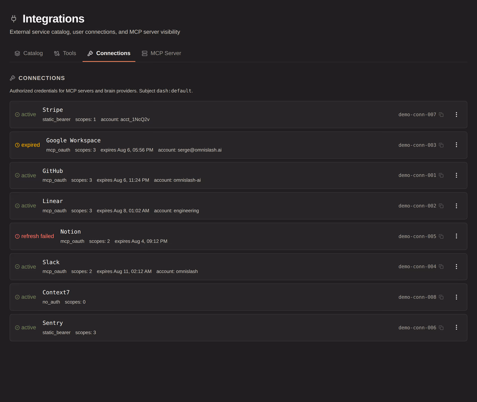 Connected third-party accounts and MCP servers.
