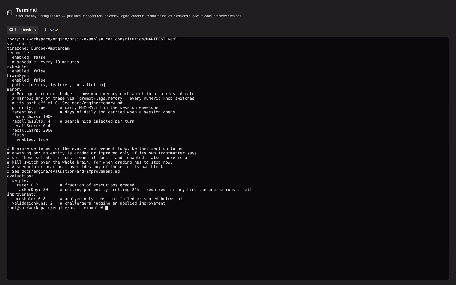 A real shell into the running container, in the browser.